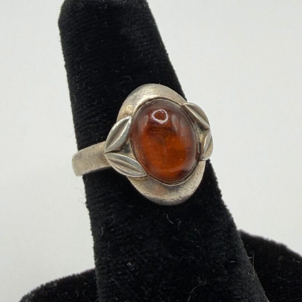 Vintage 925 Sterling Silver Amber Cabochon Leaf Ring Statement Size 5.5 Sz